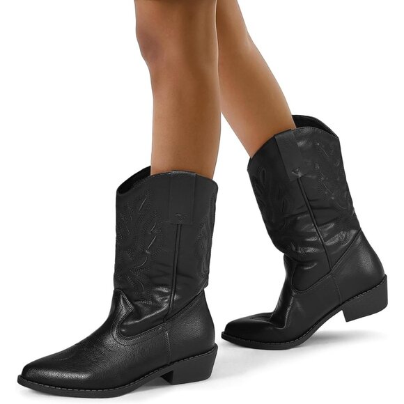 🆕Mysoft Cowboy Heel Boots Women Black PU Embroidered Mid-Calf Pointed Toe - Picture 6 of 7